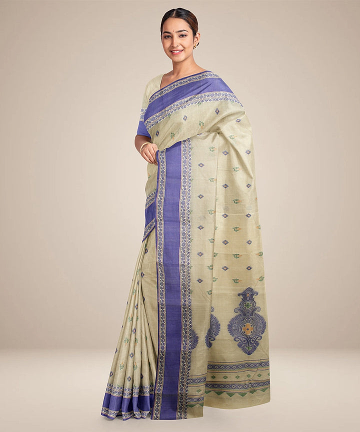 Beige royal blue tangail cotton handloom saree
