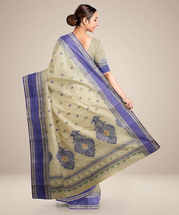Beige royal blue tangail cotton handloom saree