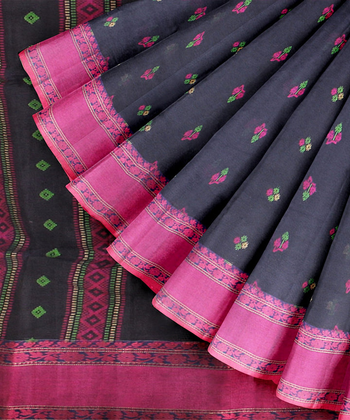 Navy blue magenta tangail cotton handloom saree