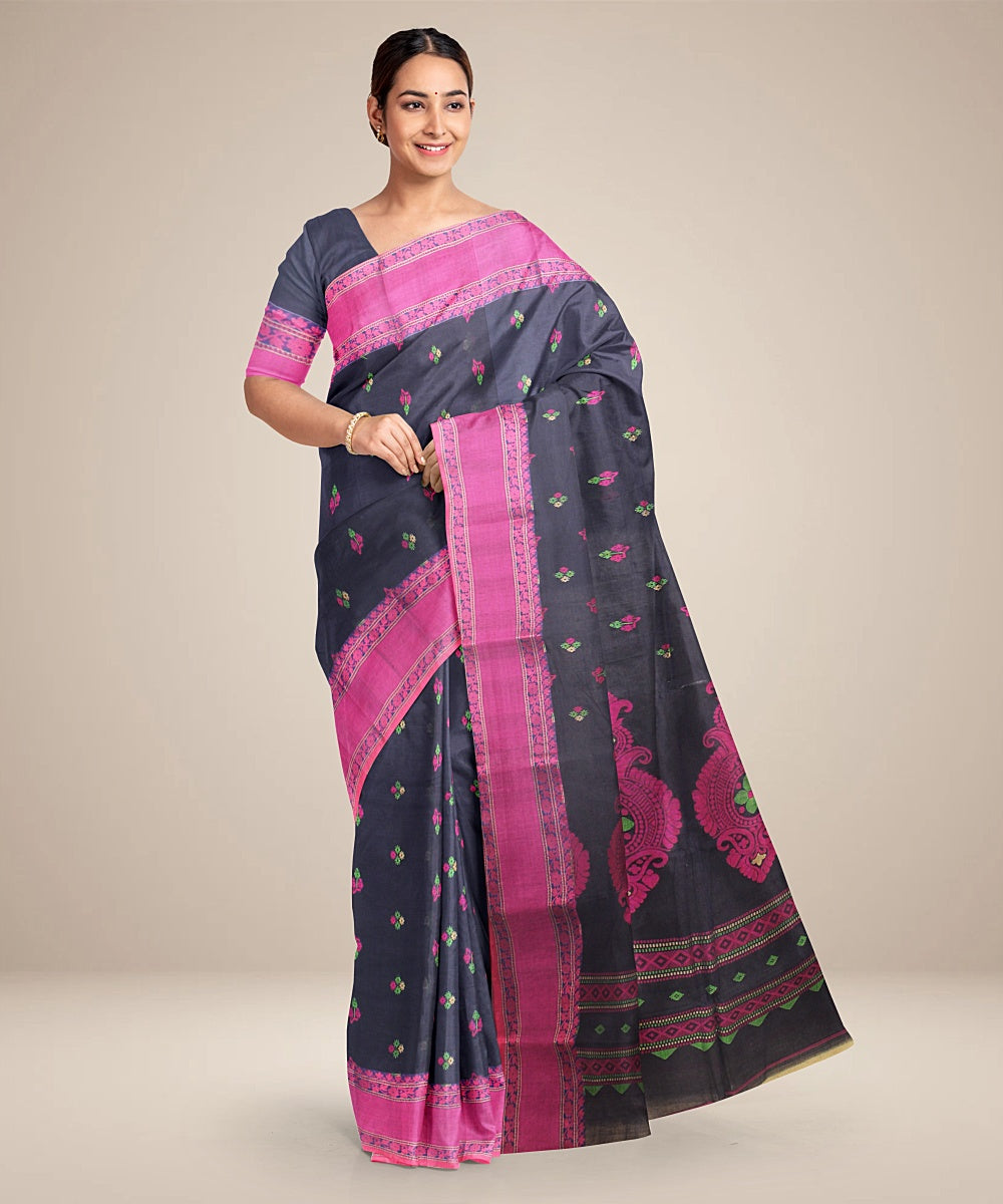 Navy blue magenta tangail cotton handloom saree