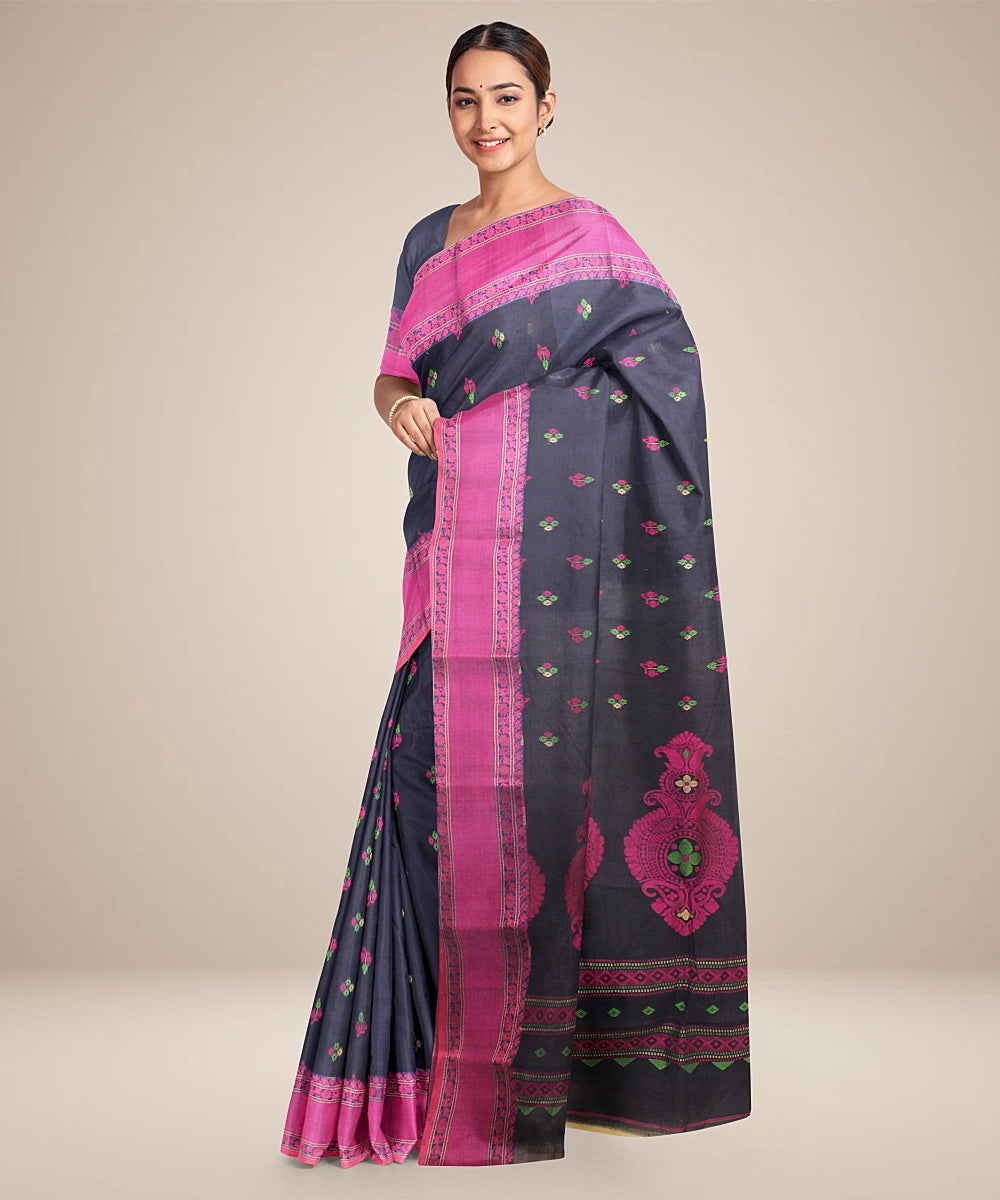 Navy blue magenta tangail cotton handloom saree