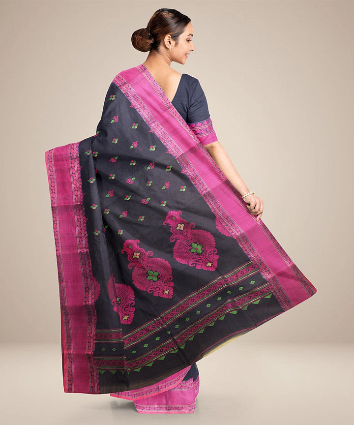 Navy blue magenta tangail cotton handloom saree