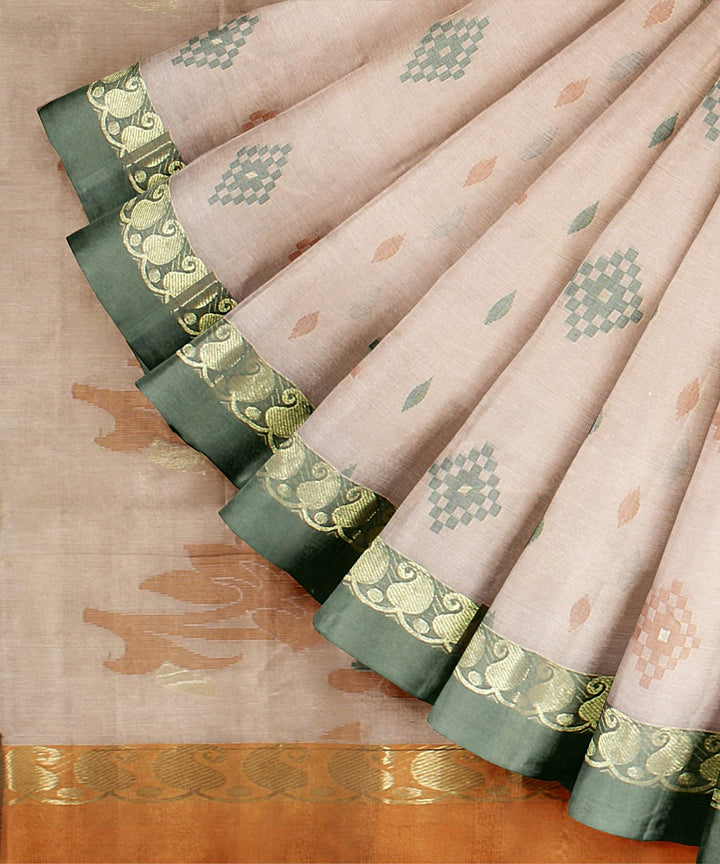 Cream orange, green tangail cotton handloom saree