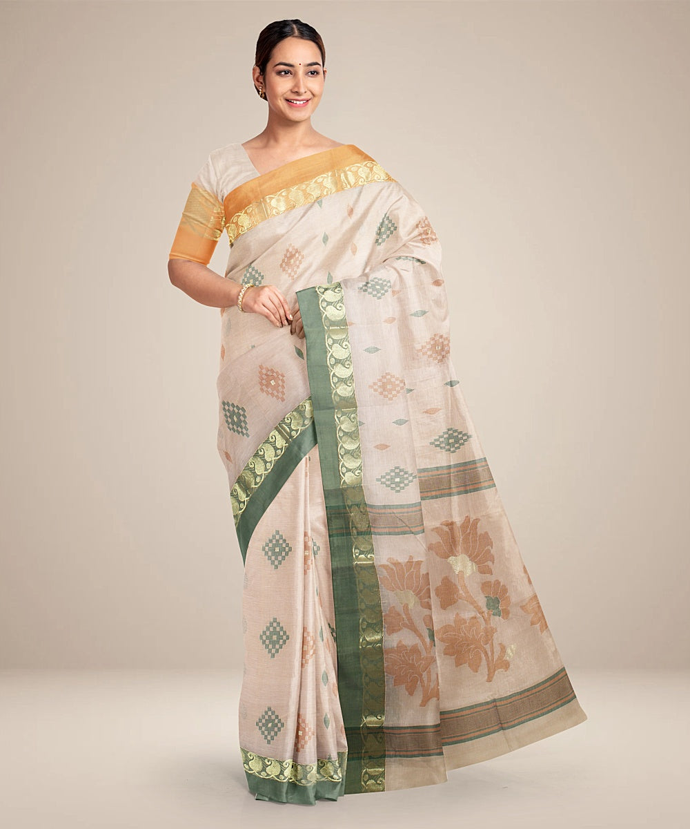 Cream orange, green tangail cotton handloom saree