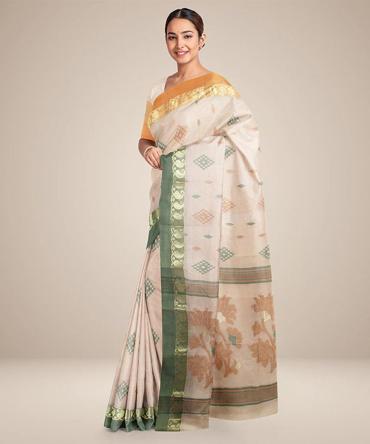 Cream orange, green tangail cotton handloom saree