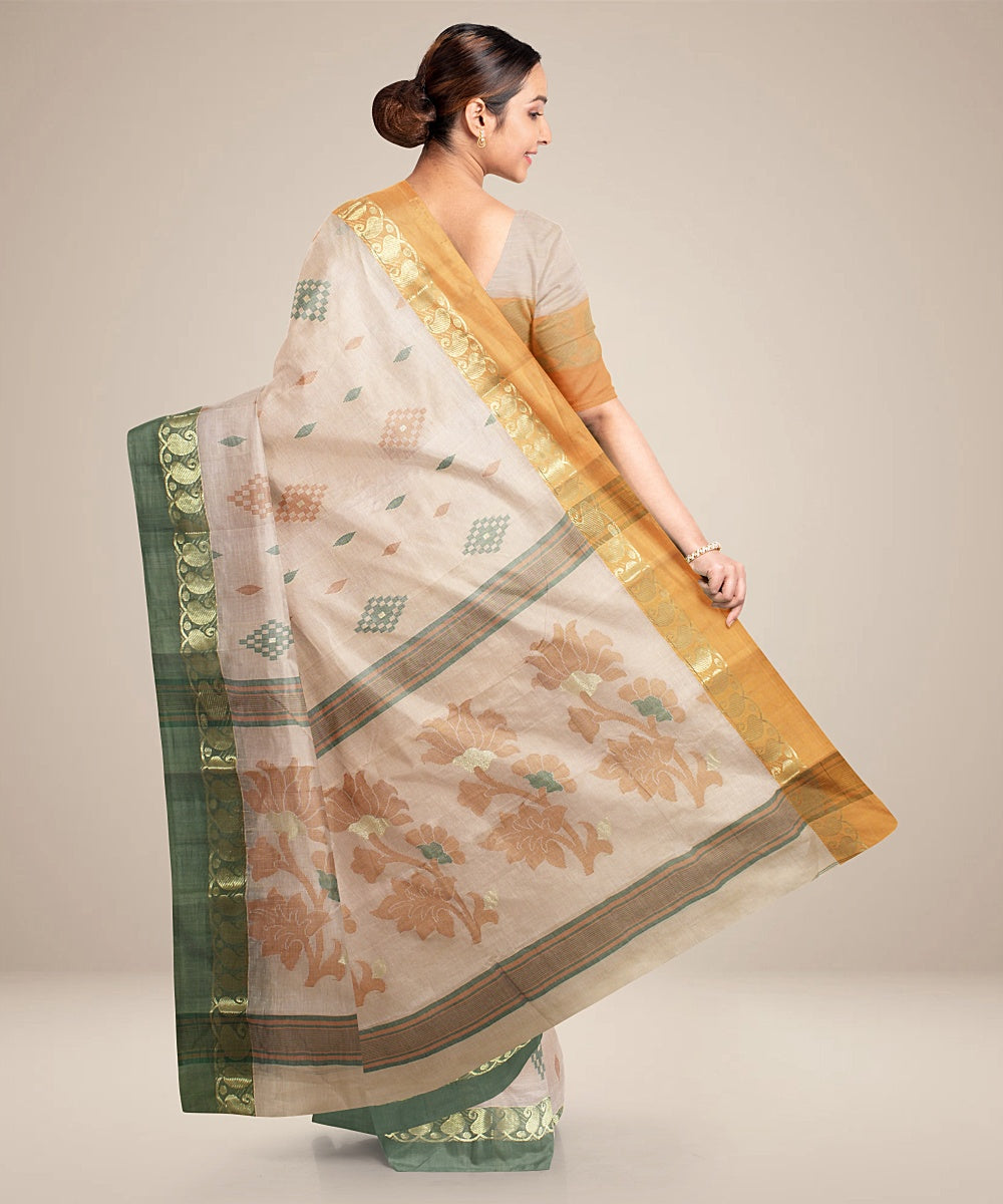 Cream orange, green tangail cotton handloom saree