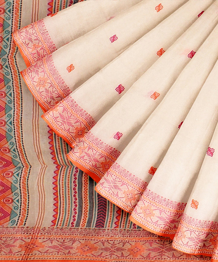Off white orange bengal cotton handloom saree