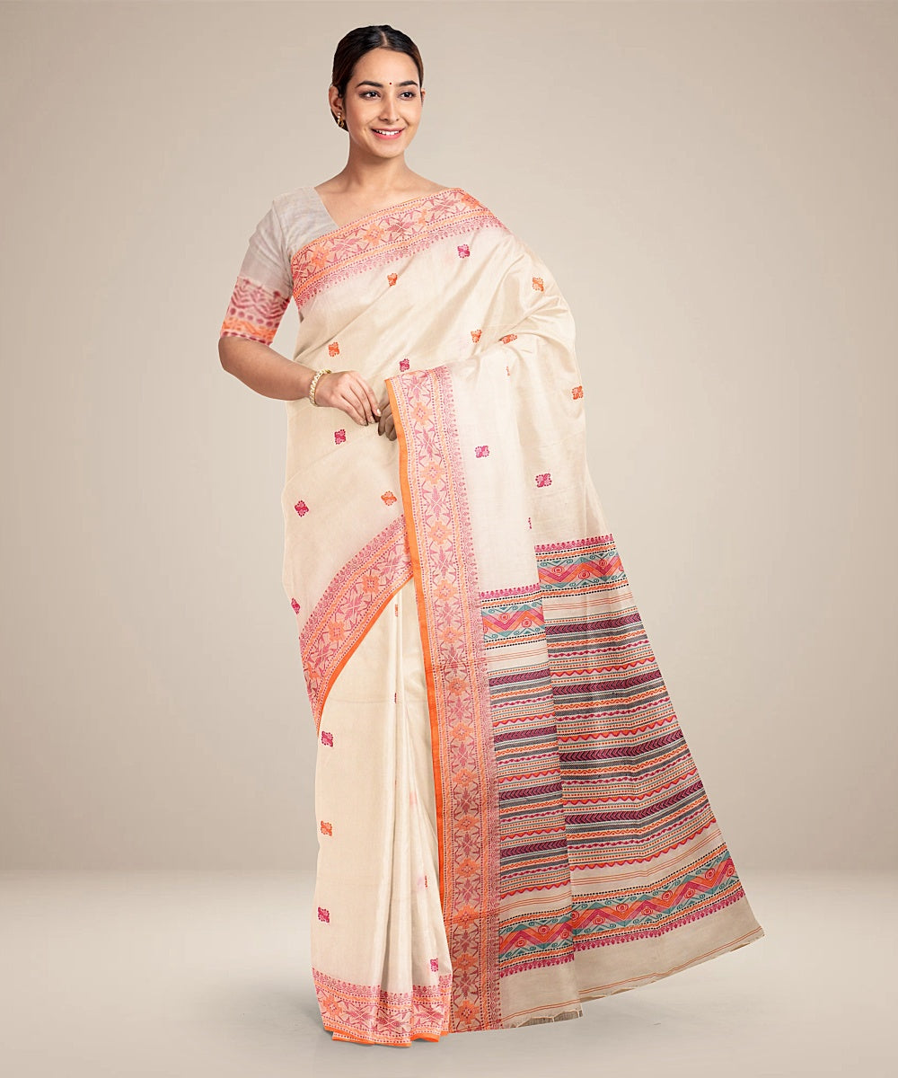 Off white orange bengal cotton handloom saree