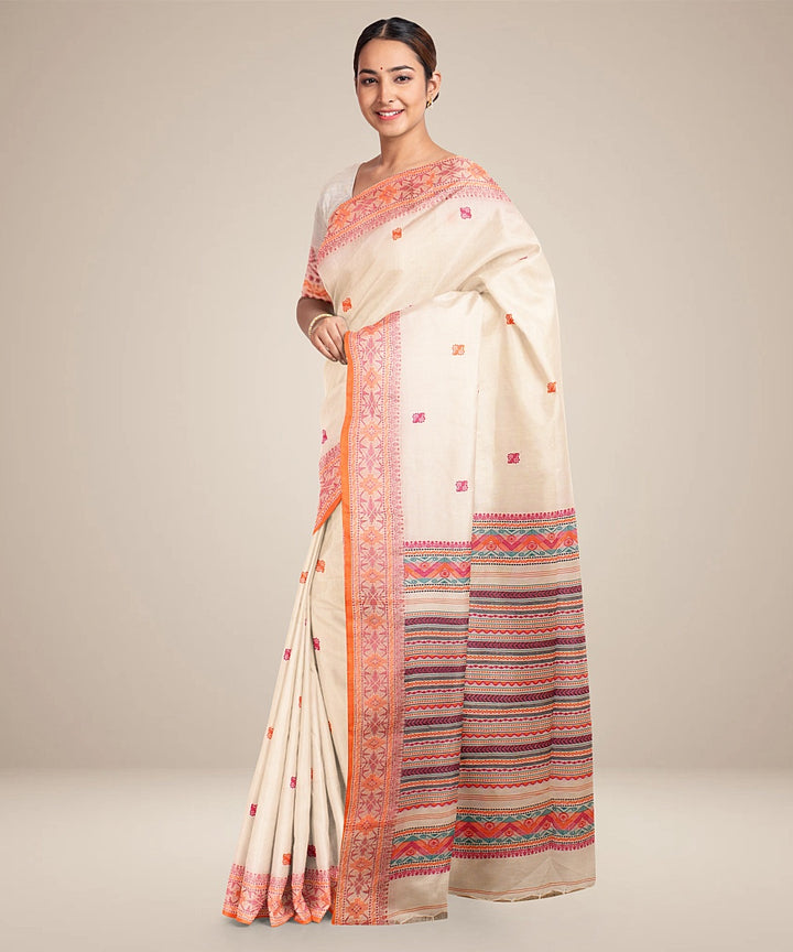 Off white orange bengal cotton handloom saree