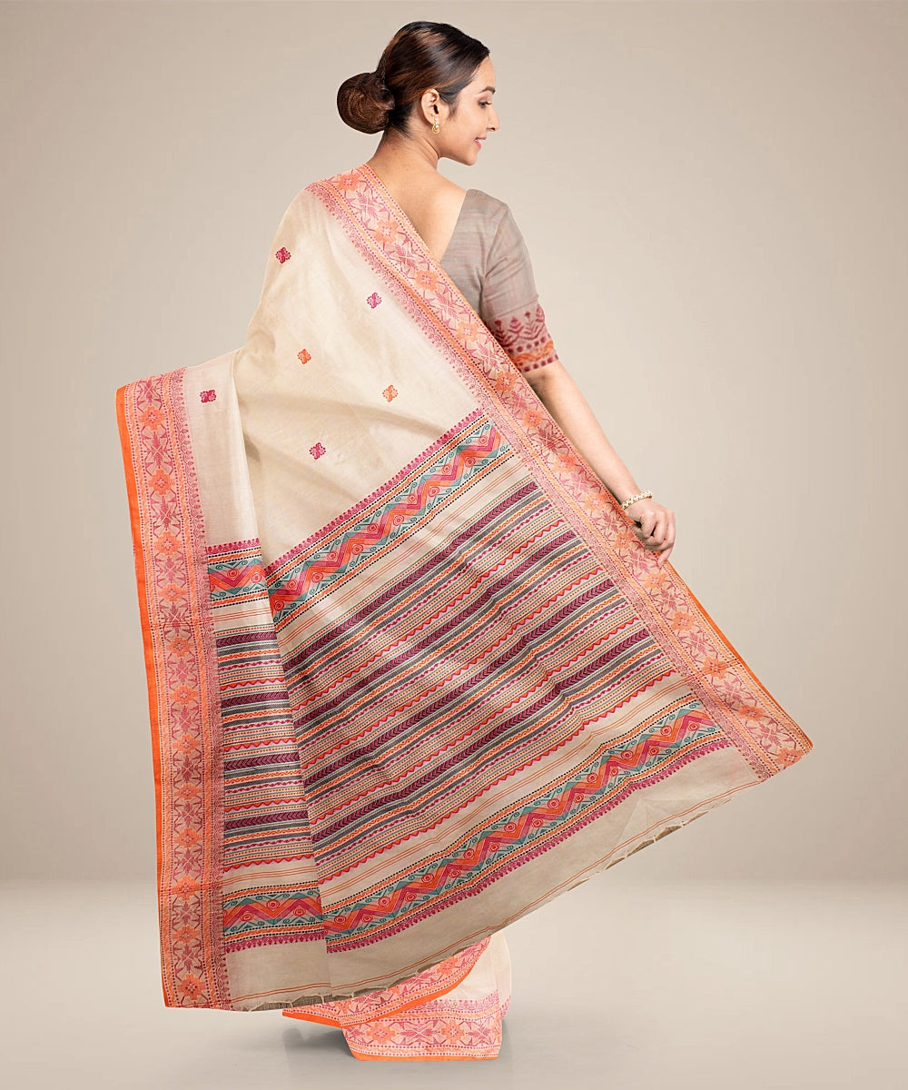 Off white orange bengal cotton handloom saree