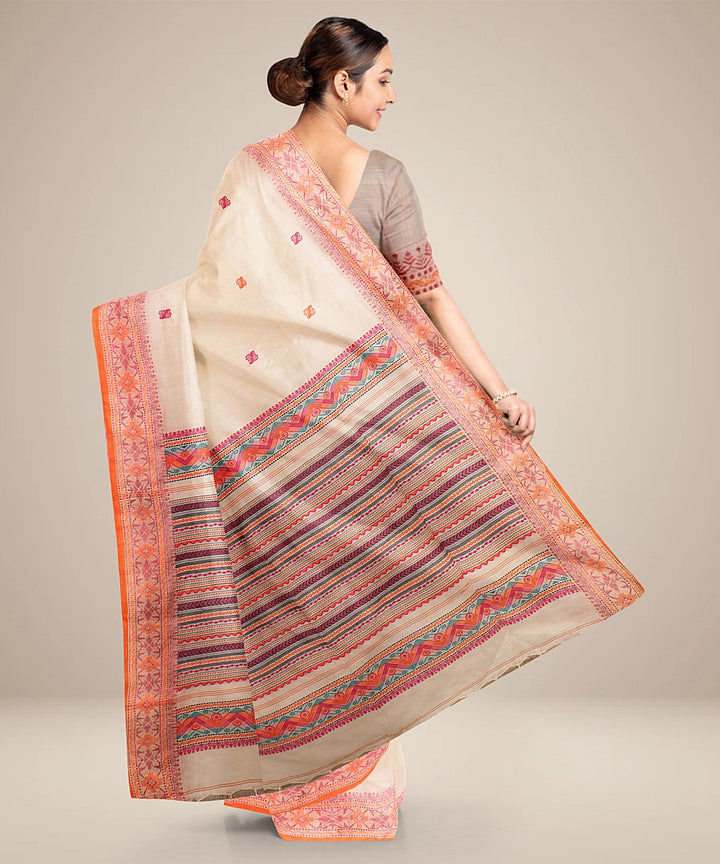 Off white orange bengal cotton handloom saree