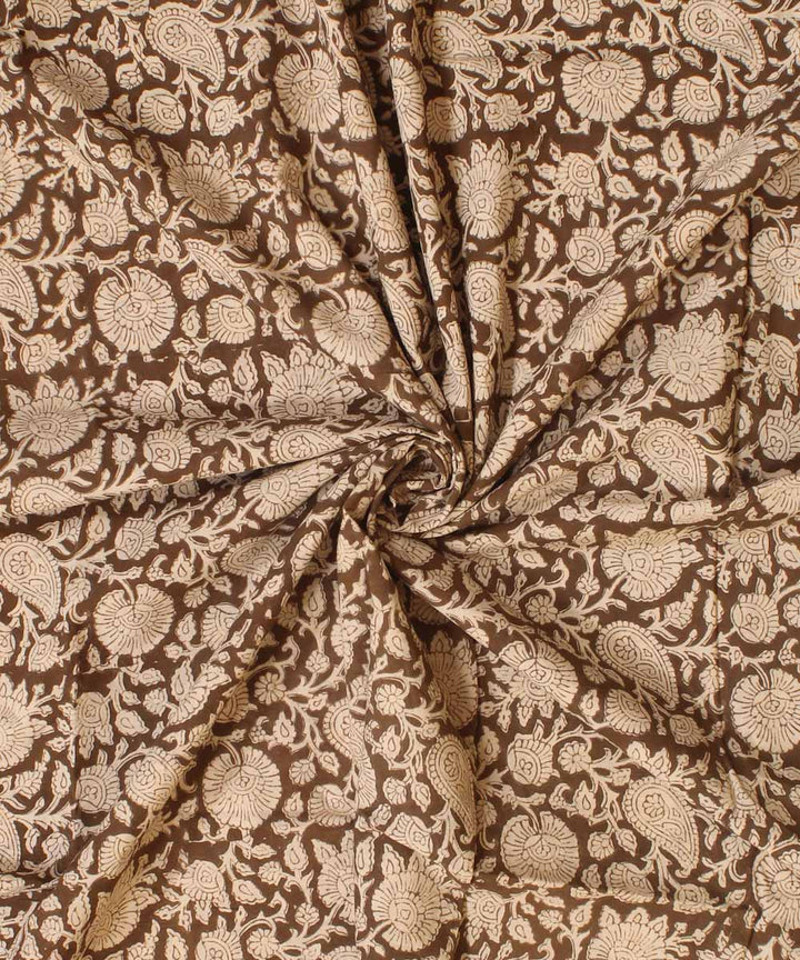 Beige grey hand block bagh printed cotton fabric
