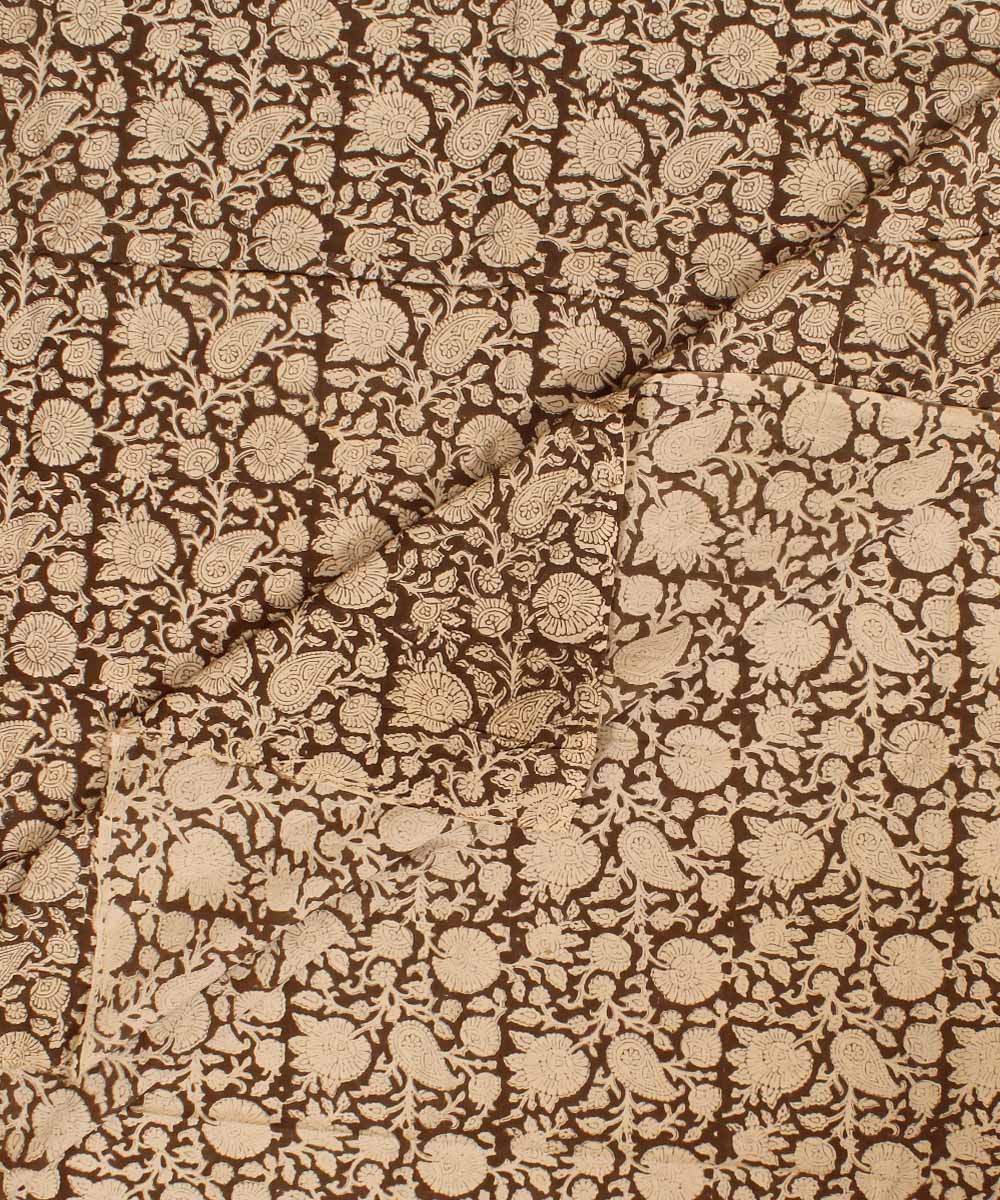 Beige grey hand block bagh printed cotton fabric
