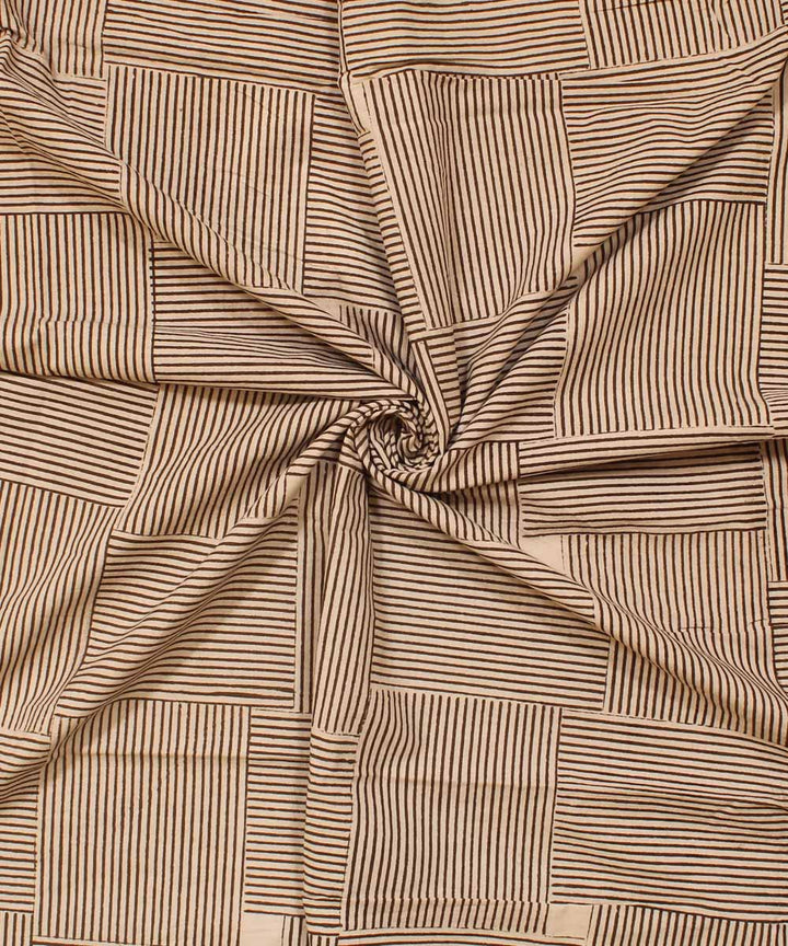 Beige grey checked hand block bagh printed cotton fabric