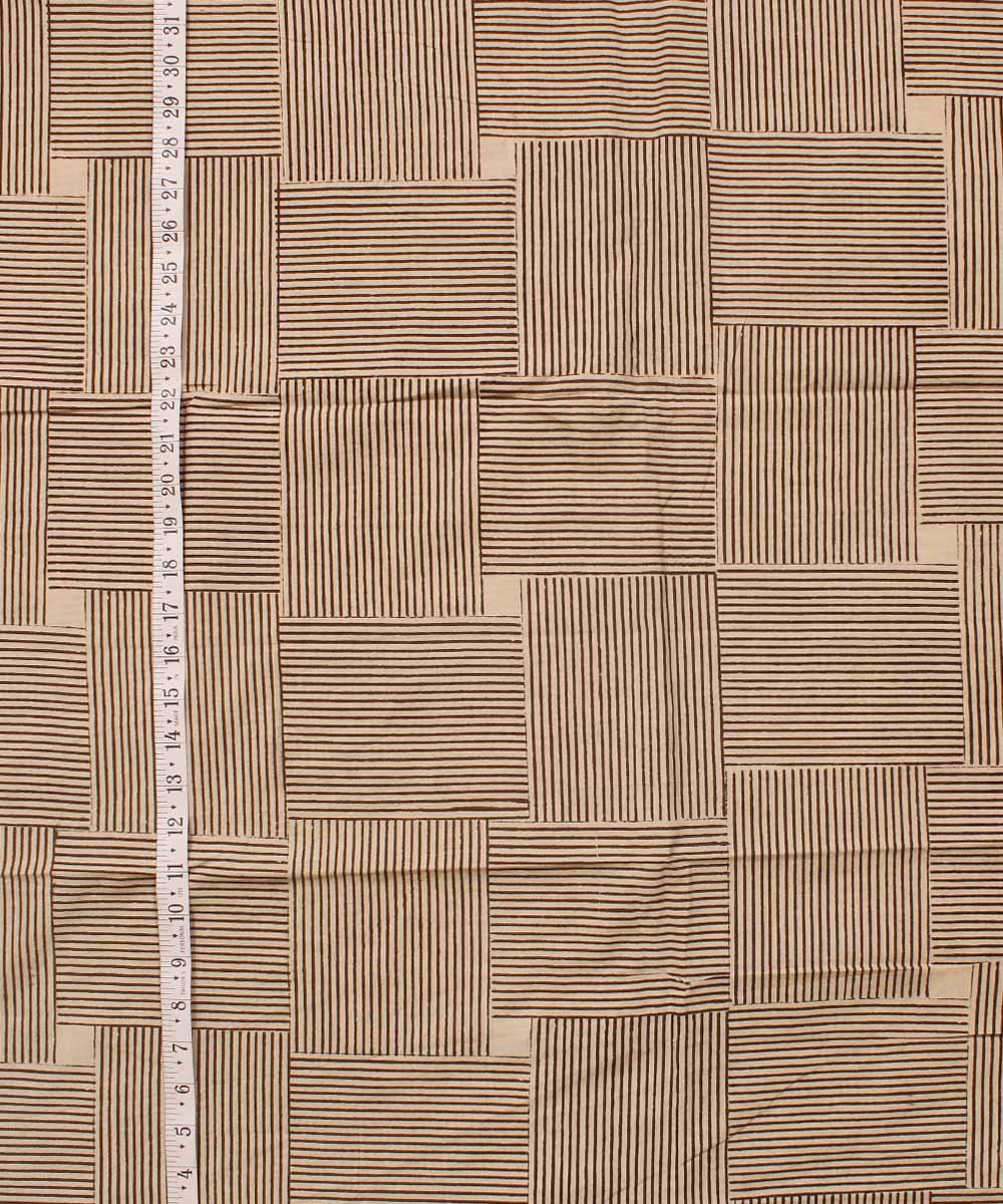Beige grey checked hand block bagh printed cotton fabric