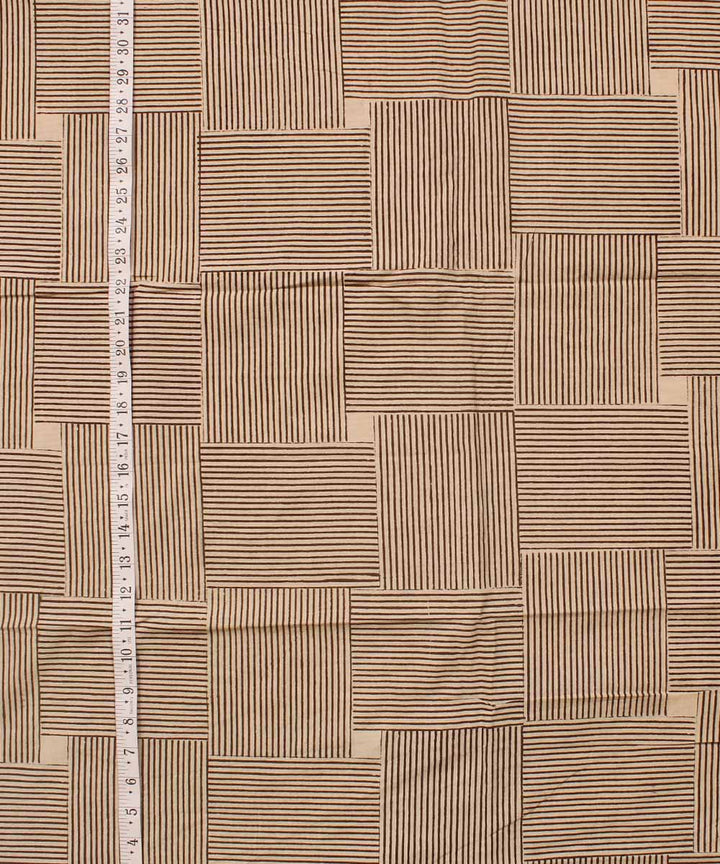 Beige grey checked hand block bagh printed cotton fabric