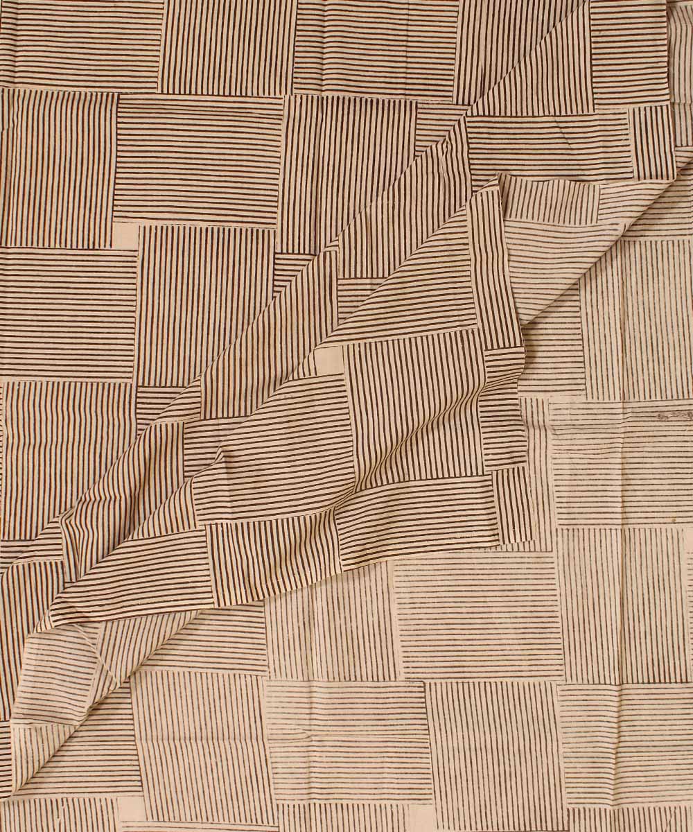 Beige grey checked hand block bagh printed cotton fabric