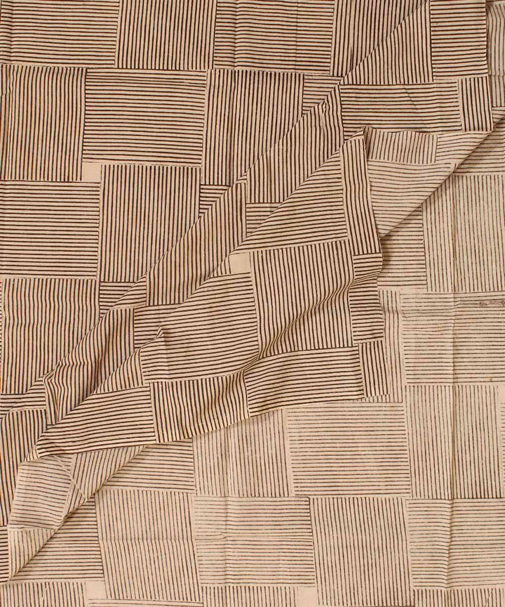Beige grey checked hand block bagh printed cotton fabric