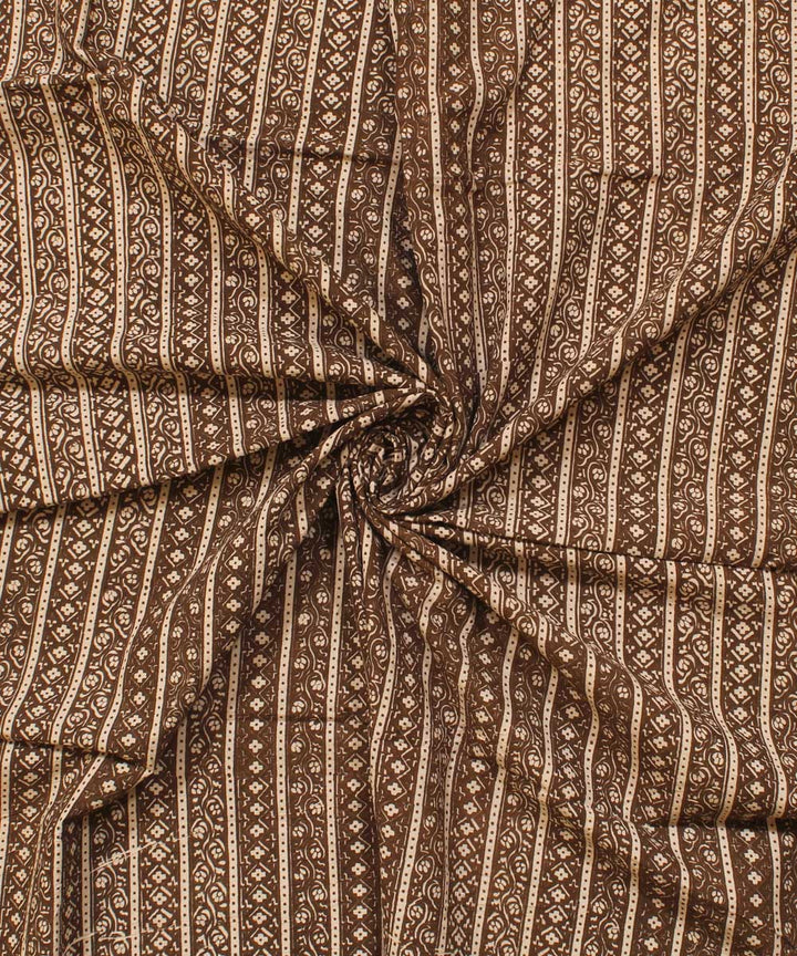Cream moody grey striped hand block bagh printed cotton fabric
