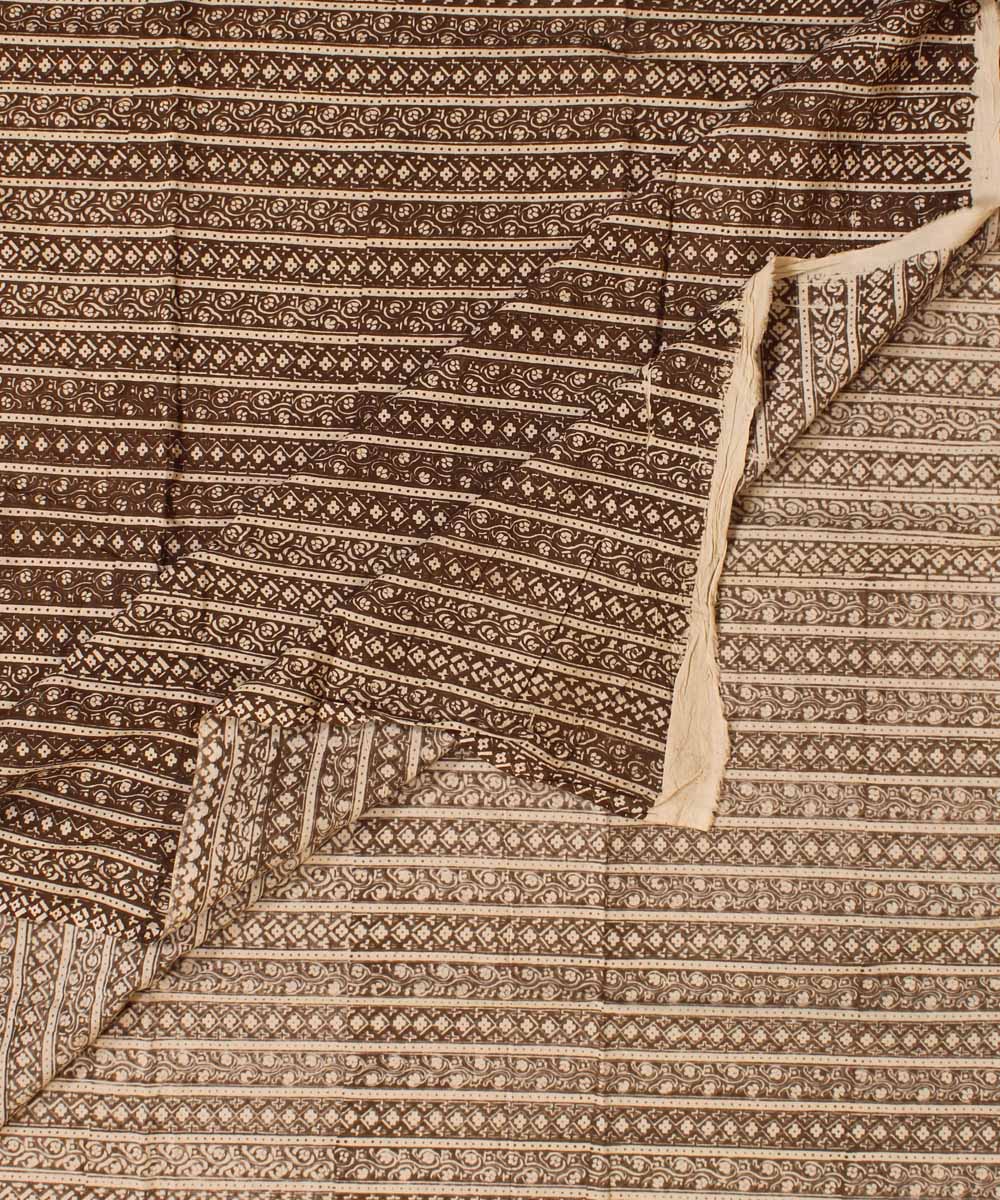 Cream moody grey striped hand block bagh printed cotton fabric