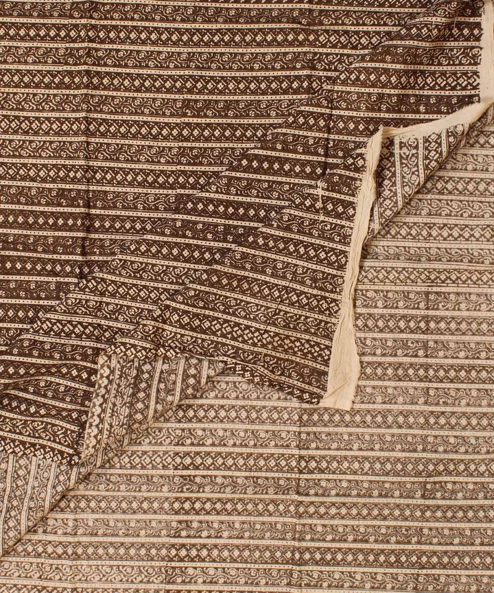 Cream moody grey striped hand block bagh printed cotton fabric