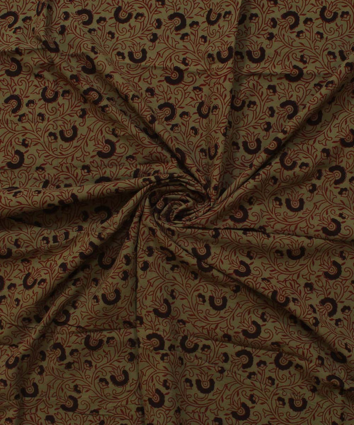 Light green black hand block bagh printed cotton fabric
