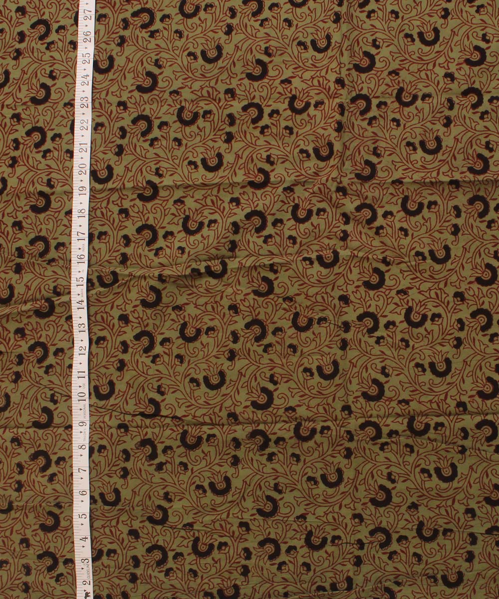 Light green black hand block bagh printed cotton fabric