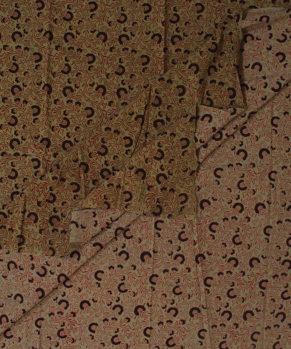 Light green black hand block bagh printed cotton fabric