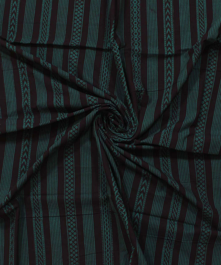 Black green striped hand block bagh printed cotton fabric