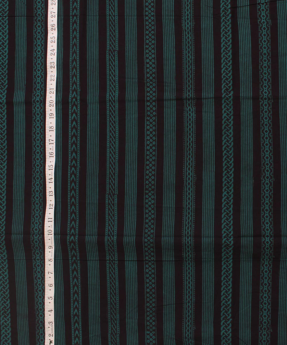 Black green striped hand block bagh printed cotton fabric