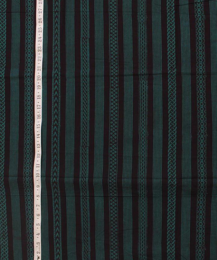 Black green striped hand block bagh printed cotton fabric