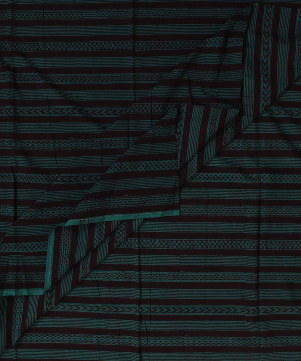 Black green striped hand block bagh printed cotton fabric
