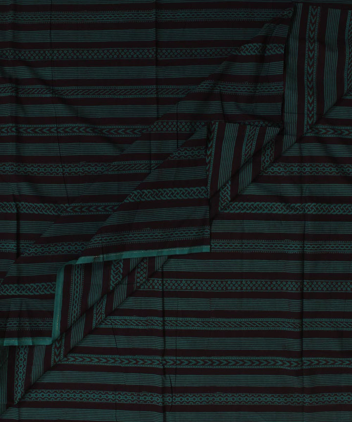 Black green striped hand block bagh printed cotton fabric