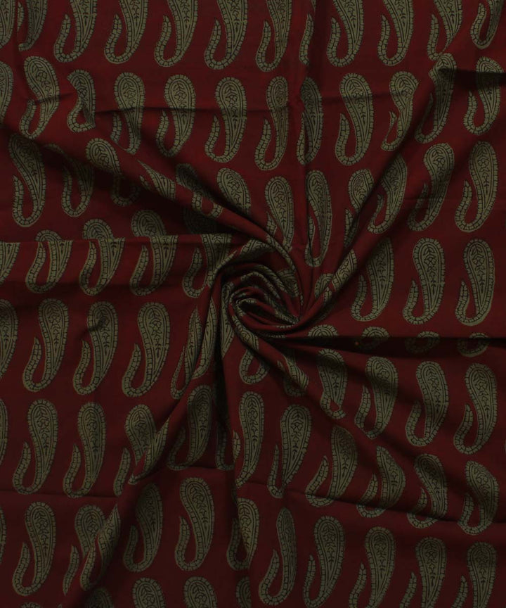 Maroon light green hand block bagh printed cotton fabric