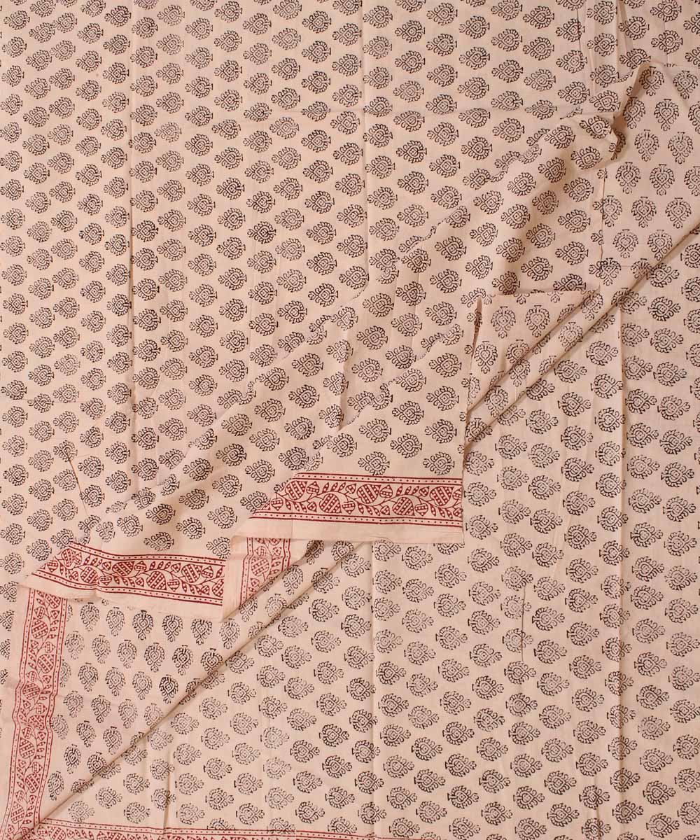 Cream black red hand block bagh printed cotton fabric