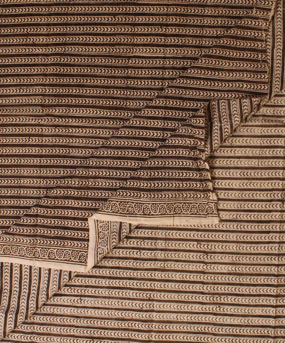 Cream grey striped hand block bagh printed cotton fabric