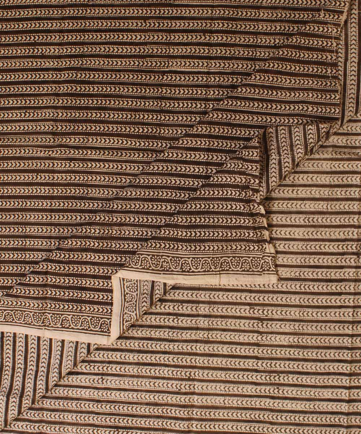 Cream grey striped hand block bagh printed cotton fabric