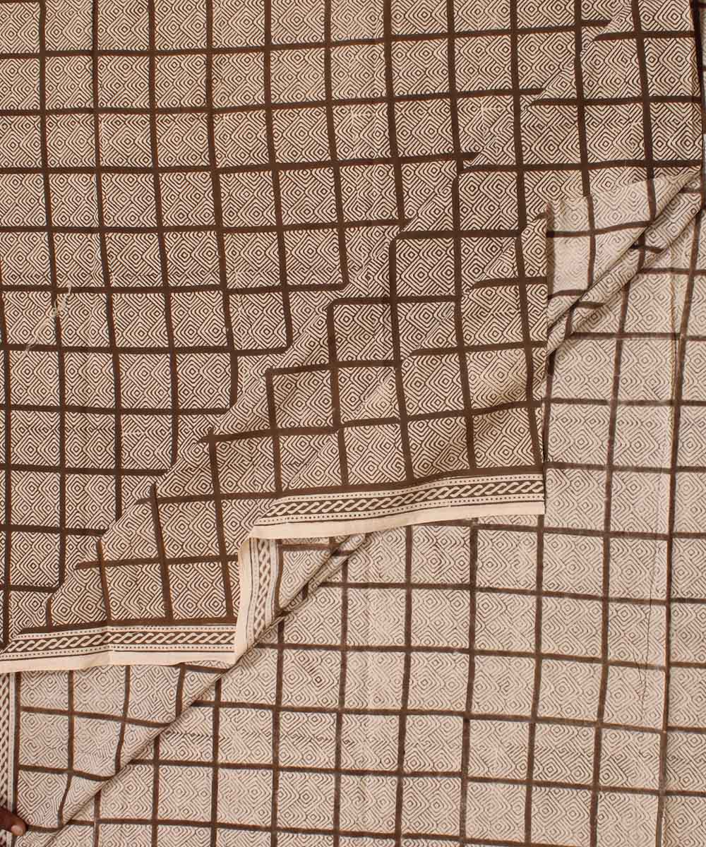 Cream checked Hand block bagh printed cotton Fabric