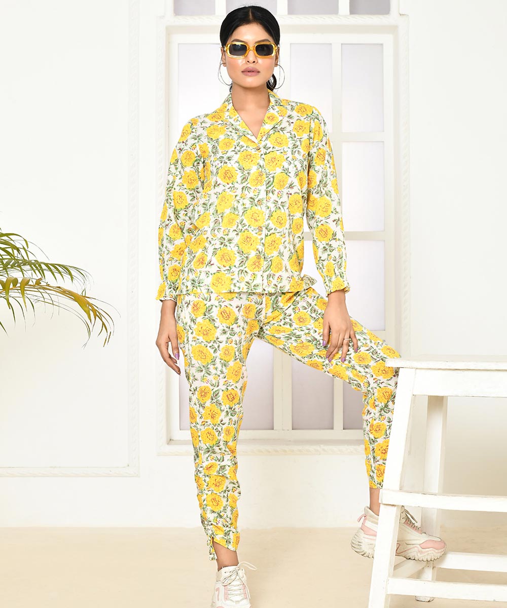 Yellow floral handprinted cotton co-ord sets