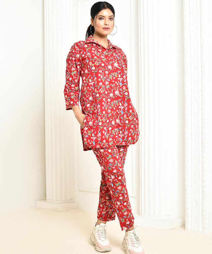 Red handprinted cotton floral co-ord sets