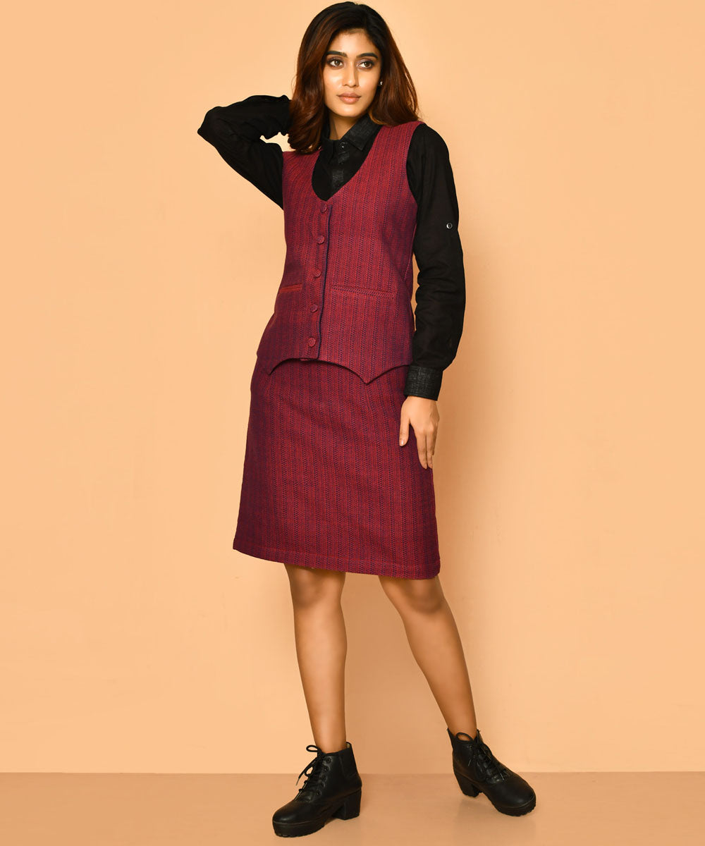 Red handwoven cotton v neck waist coat and jacket