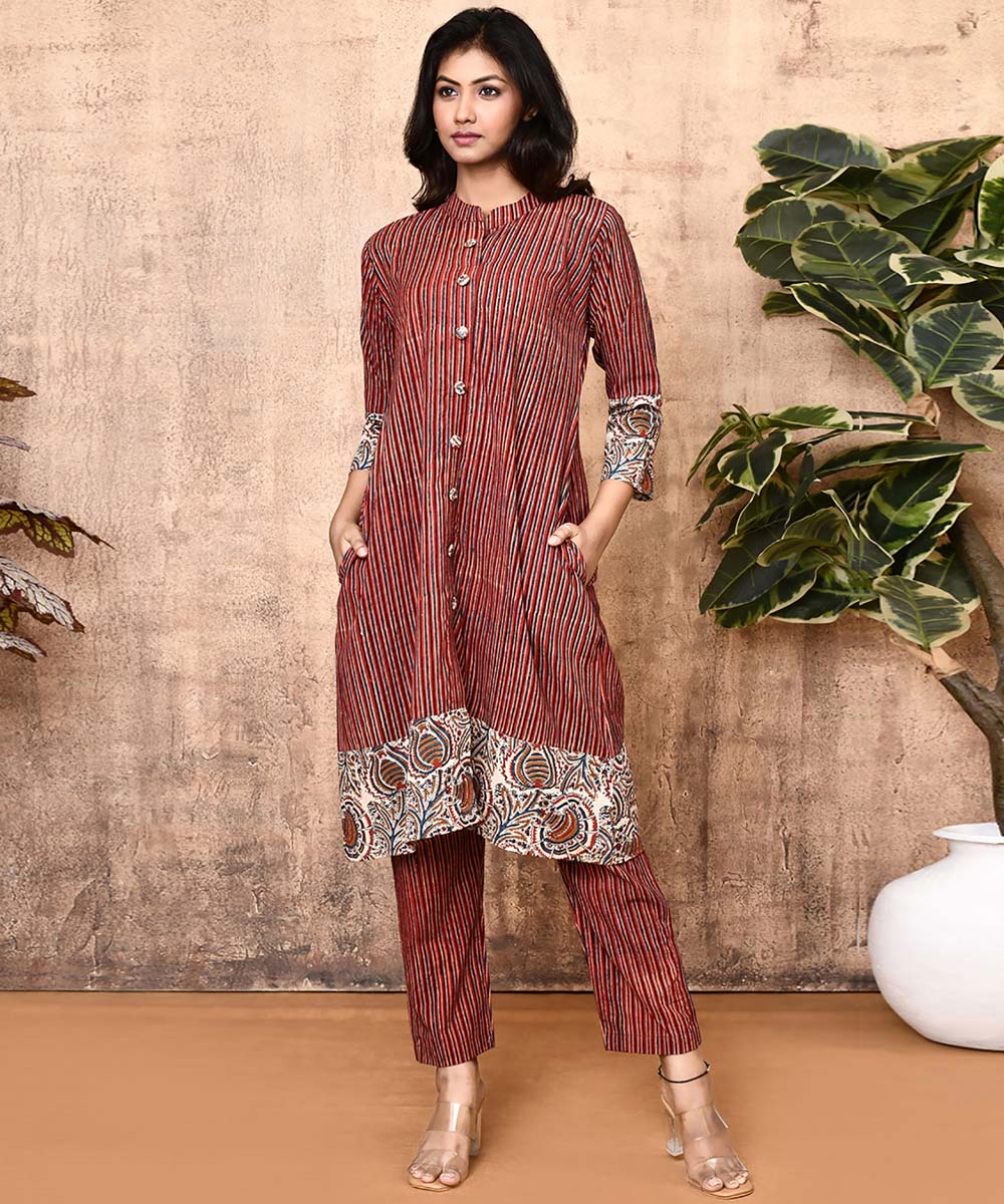 Red offwhite ajrakh hand printed cotton kurti