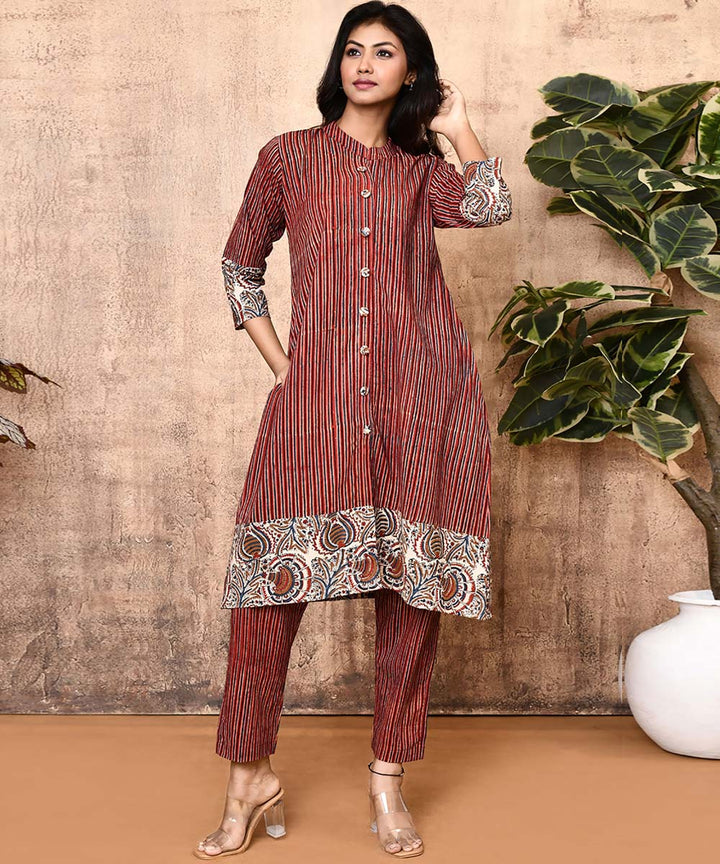 Red offwhite ajrakh hand printed cotton kurti