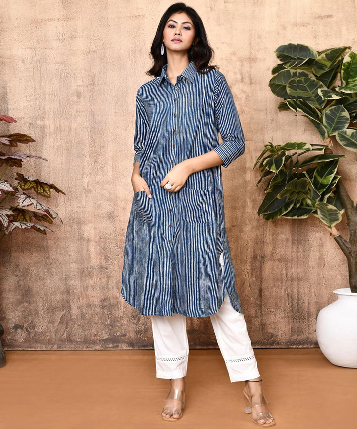 Indigo offwhite ajrakh hand printed cotton kurti