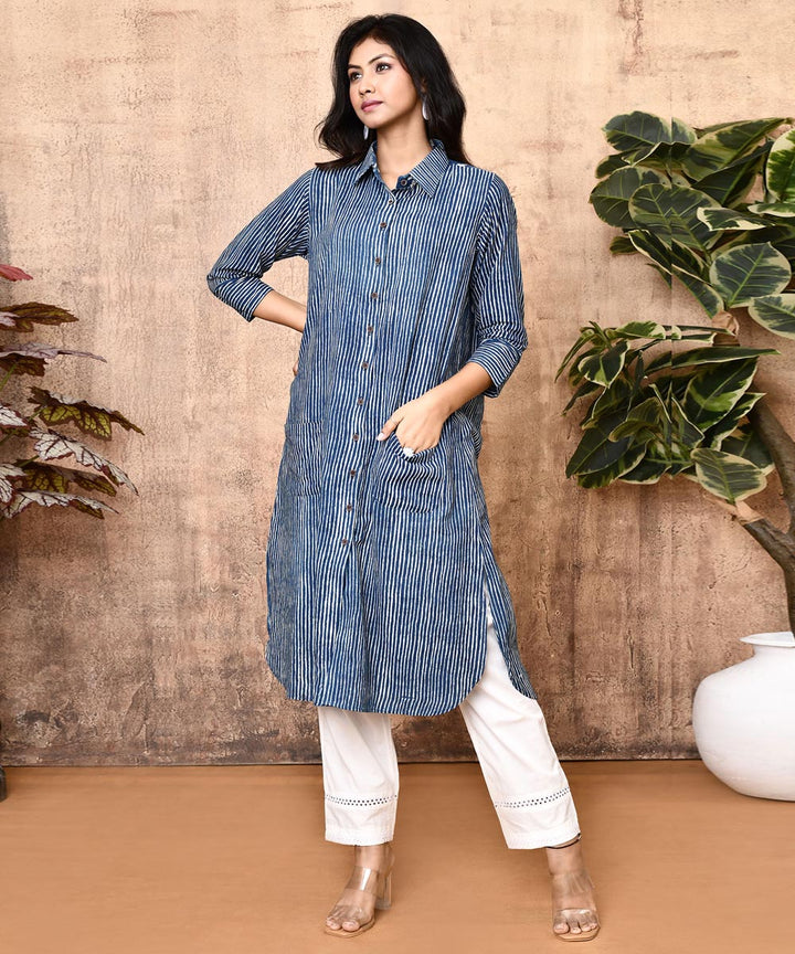 Indigo offwhite ajrakh hand printed cotton kurti