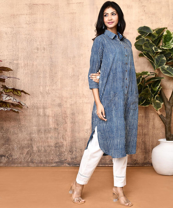 Indigo offwhite ajrakh hand printed cotton kurti