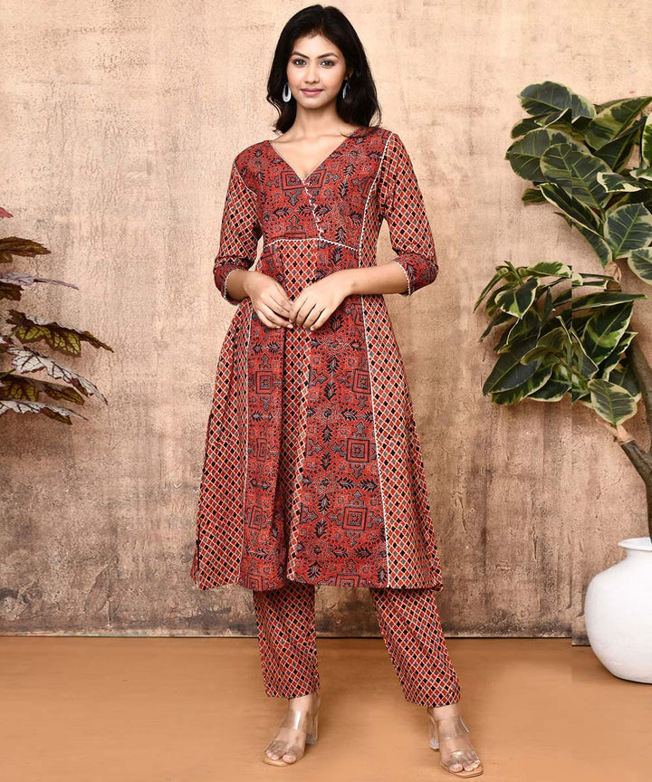 Red black ajrakh hand printed cotton kurti