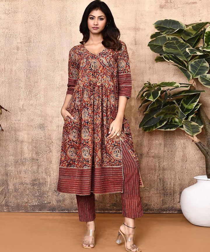 Red white ajrakh hand printed cotton kurti