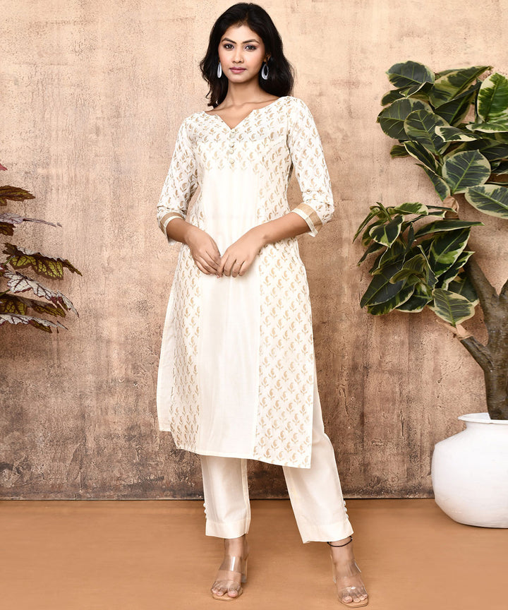 Off-white ajrakh hand printed maheshwari silk kurti