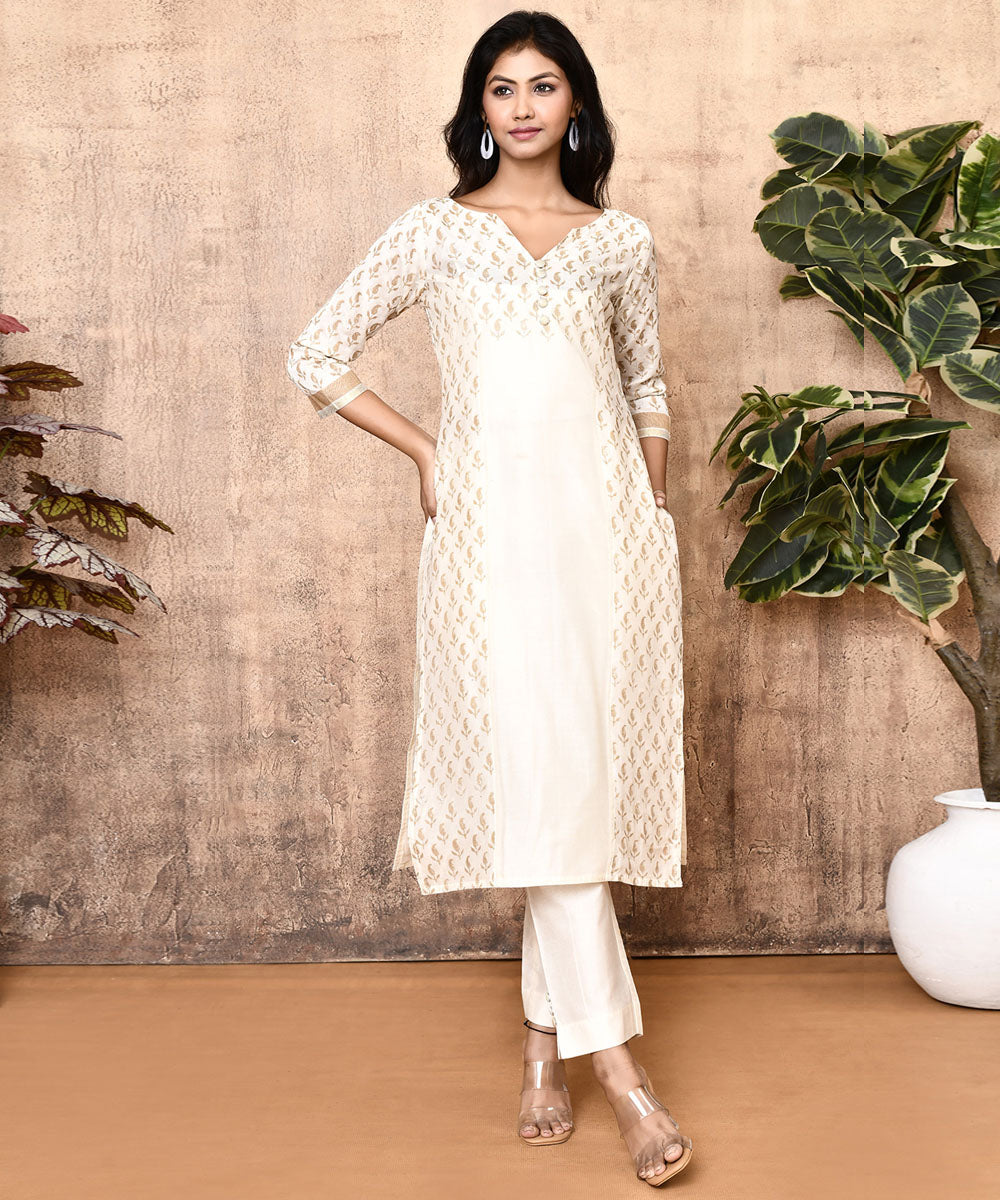 Off-white ajrakh hand printed maheshwari silk kurti